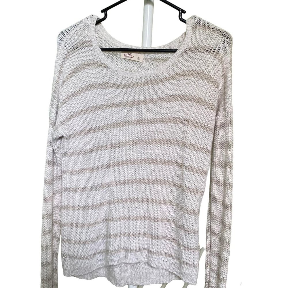 Hollister Women's White & Tan Vertical Stripe Cotton Blend Sweater Spring | Sz L